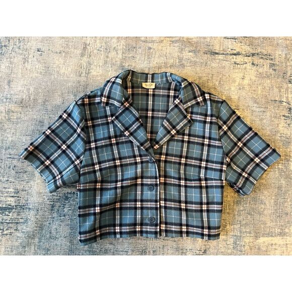 John Galt Blue Plaid Cropped Button Front Top One Size (XS / S) - Picture 5 of 8